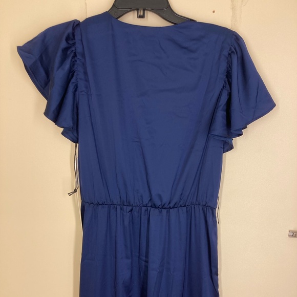 Nicole Miller Navy Blue Satin Wrap Dress High Low Cap Sleeve Size Small - Picture 7 of 8